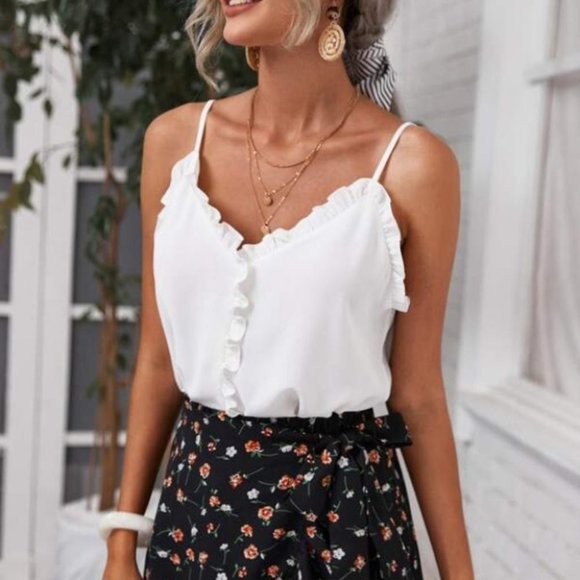 Boho  frill trim V neck cami top - Picture 3 of 5